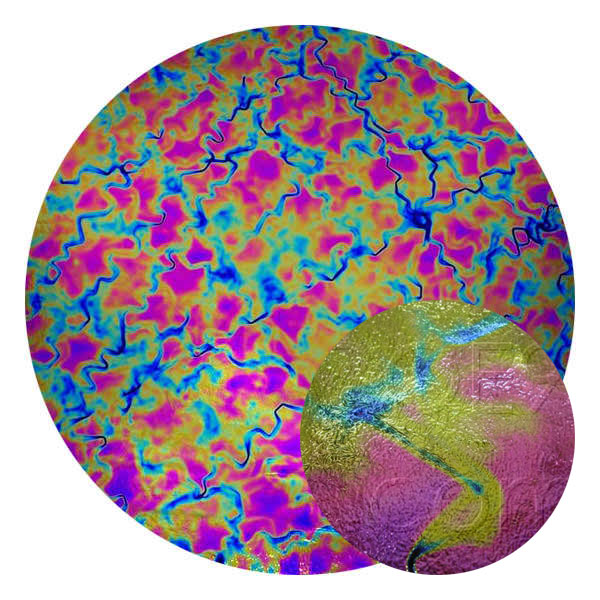 CBS Dichroic Coating Crinklized Green/ Magenta Blue Fusion Pattern on Thin Black  Glass COE96