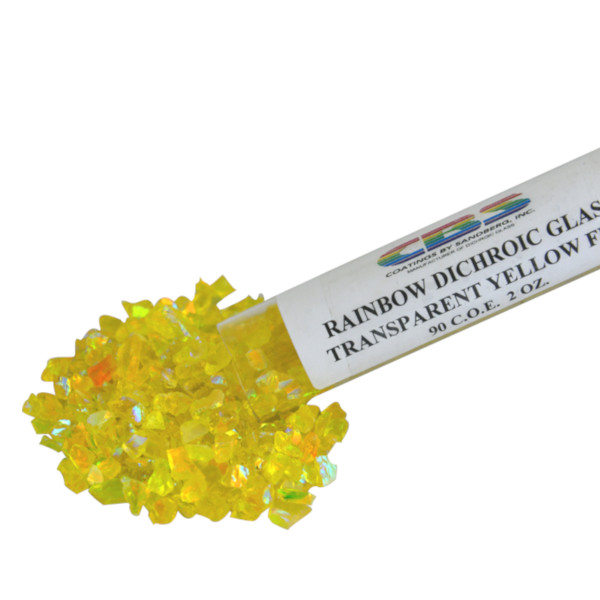 CBS Rainbow Dichroic Frit 1oz on Yellow Transparent Glass COE90